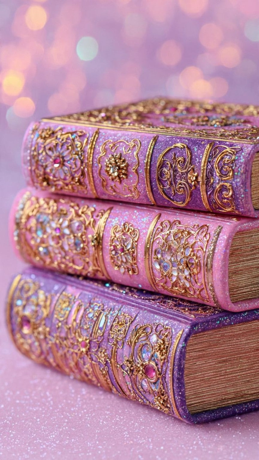 Stacked pink and lavender spellbooks with gold filigree and jeweled covers
