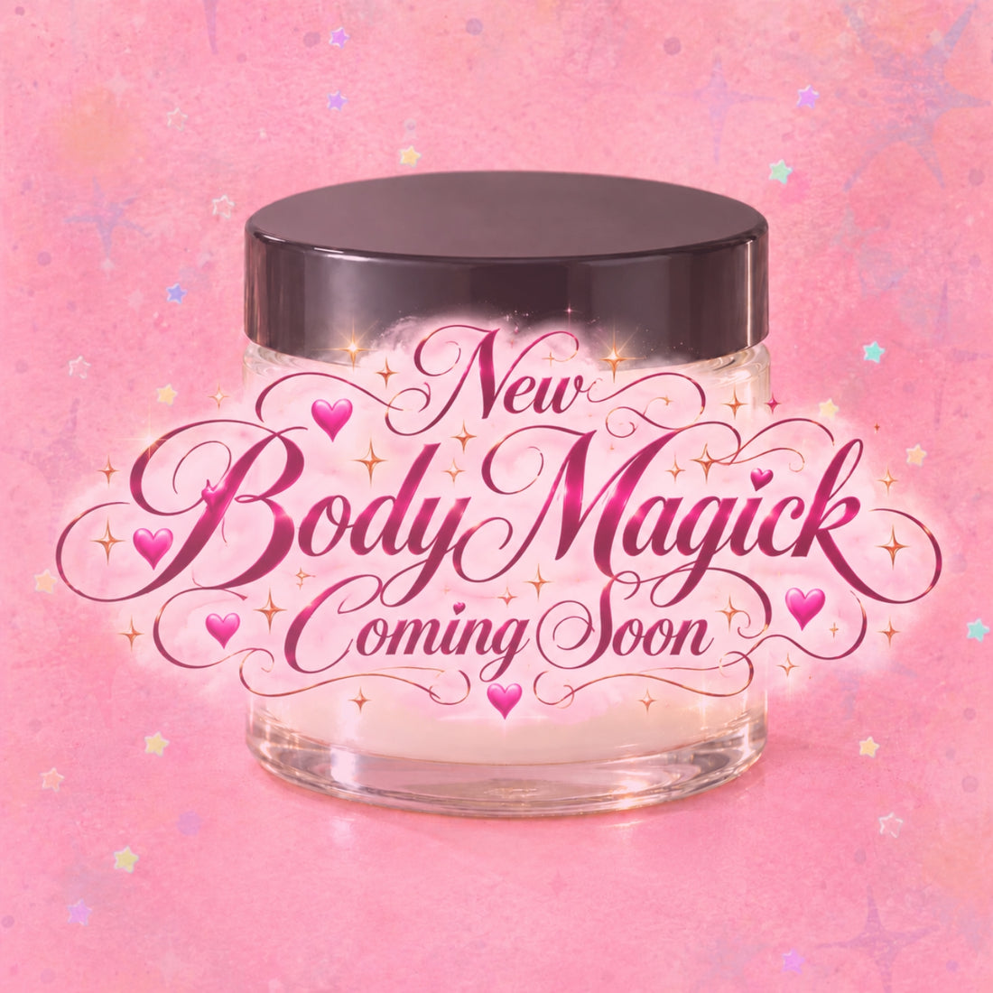 New body magic coming soon. An ivory jar on a pink background sprinkled with stars.