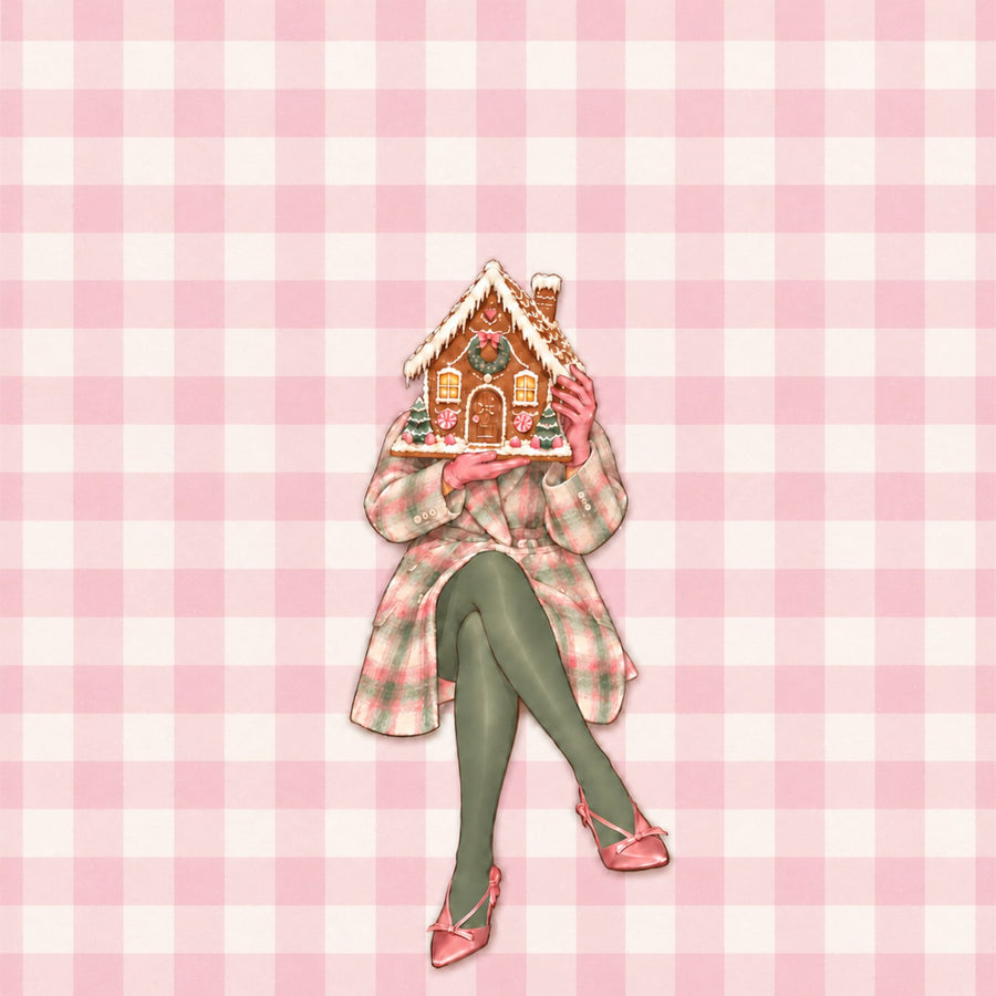Code Green collection — pink gingham artwork with a gingerbread house, pink plaid coat, sage green tights and pink bow heels.