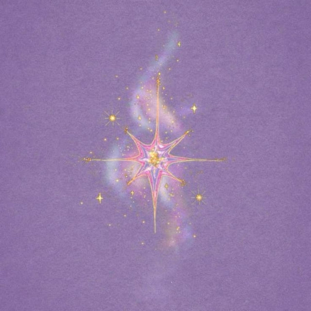 Glowing pink and gold star with a trail of tiny sparkles on a soft lavender background