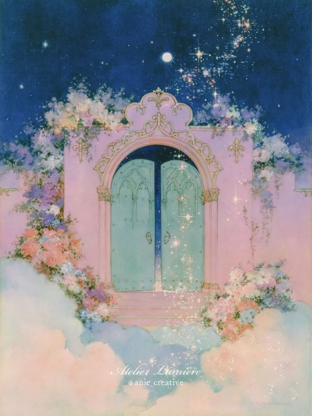 Pastel pink doorway with mint doors, flowers, clouds and a trail of starlight