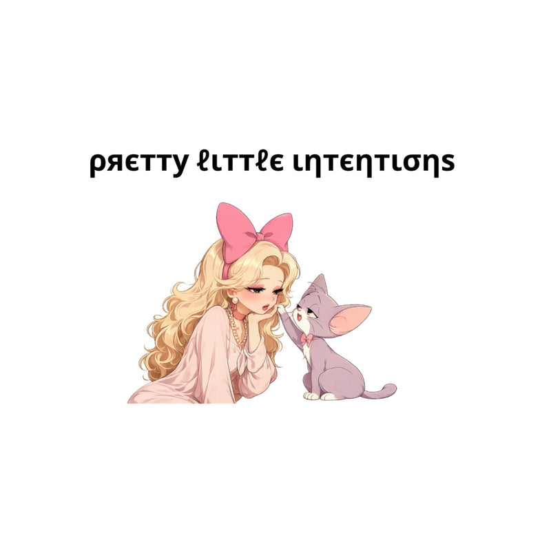 Pretty Little Intentions artwork with a blonde girl wearing a pink bow beside a lavender kitten
