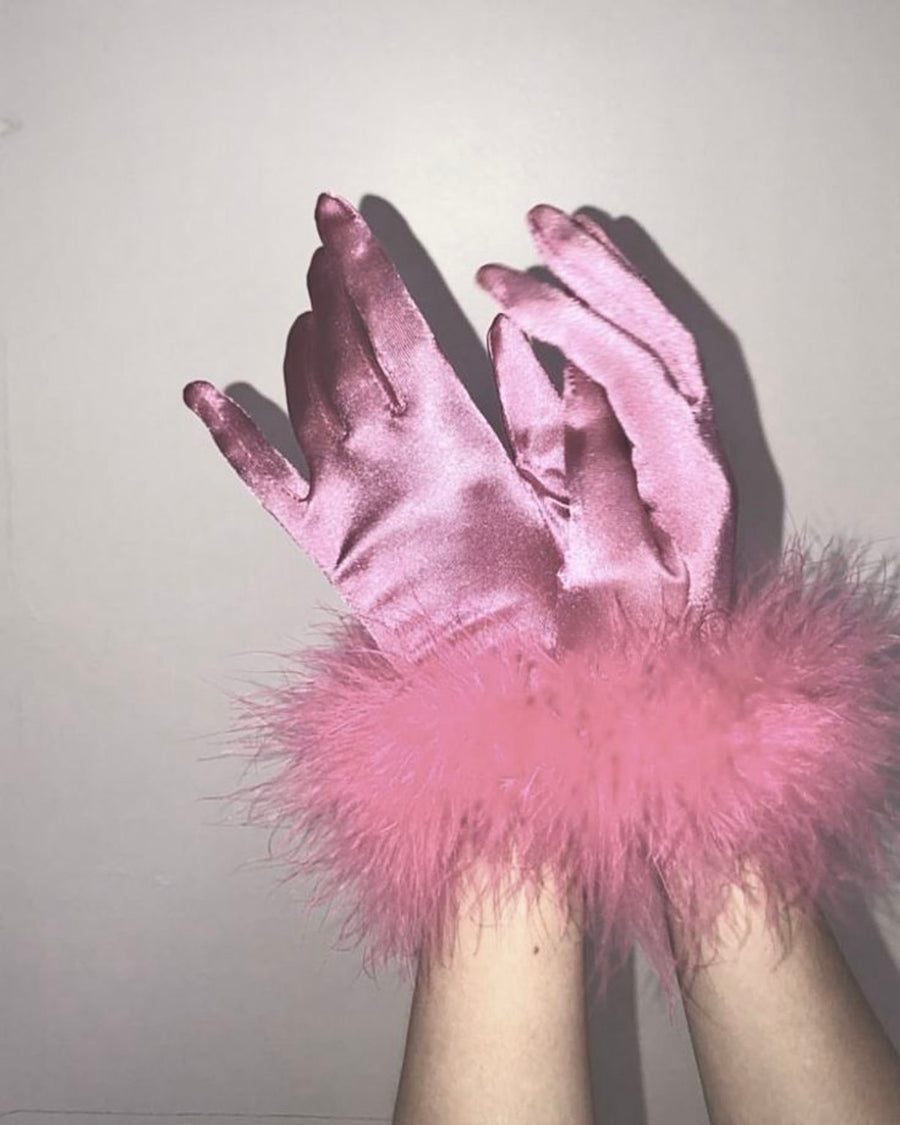 Pink satin gloves with fluffy pink feather cuffs